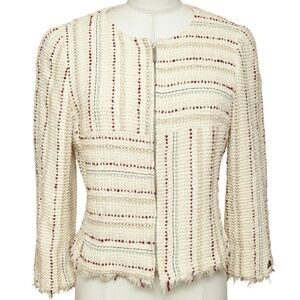 CHANEL Striped Tweed Jacket Blazer Ivory Cropped 3/4 Sleeve Chain Sz XS VINTAGE